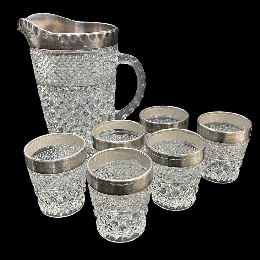 Vintage 1960s Wexford Anchor Hocking Glass Pitcher & Glasses Set (6) Silver Rim